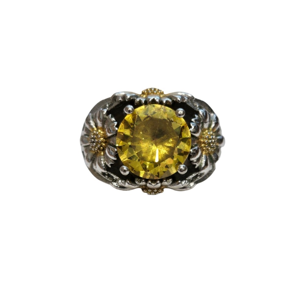 Sterling Silver 925 Bright Yellow Daisy Cocktail Statement Ring Size 6